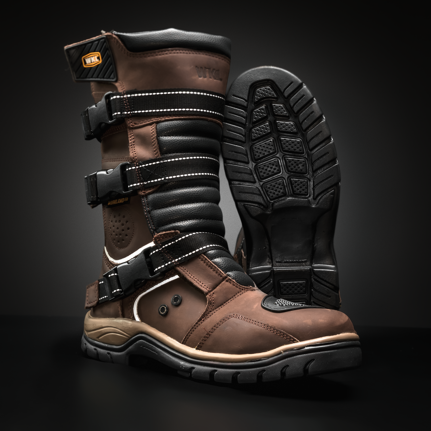 WKL 77415 ADV Motorcycle Boots – Waterproof Off-Road Dual Sport Riding Boots with Buckles – Brown Leather – Heavy-Duty Protection